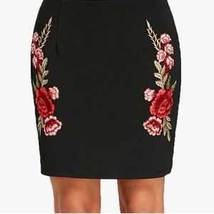 Vintage Floral Embroidery Mini Skirt High Waist Elegant Black Short Skirt